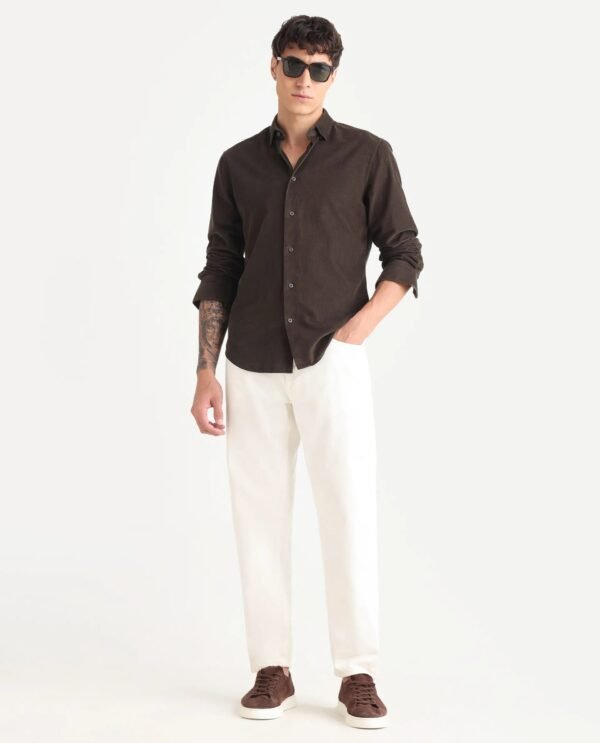 Rare Rabbit Men's Buita Dark Brown Cotton Plain Regular Fit Full Sleeve Collared Shirt