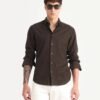 Rare Rabbit Men's Buita Dark Brown Cotton Plain Regular Fit Full Sleeve Collared Shirt