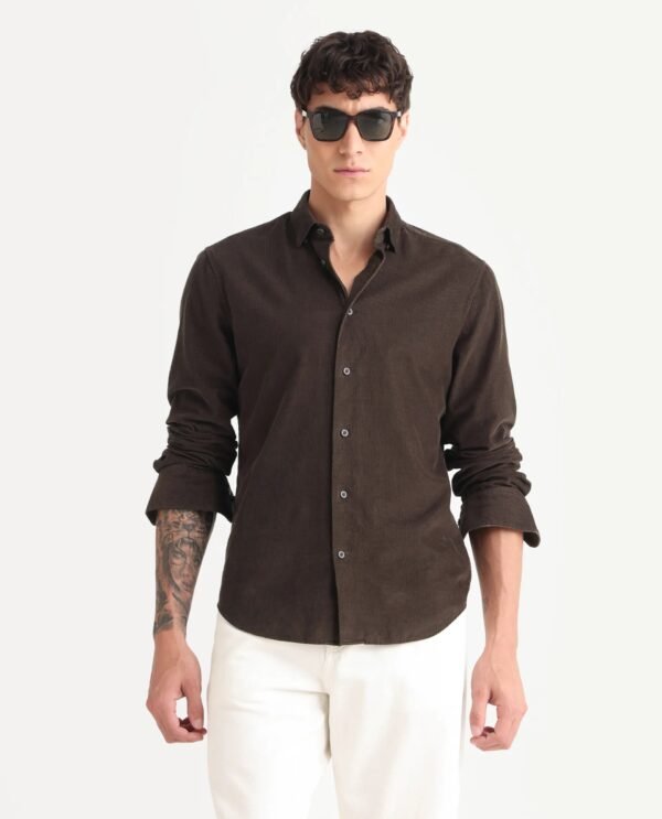 Rare Rabbit Men's Buita Dark Brown Cotton Plain Regular Fit Full Sleeve Collared Shirt