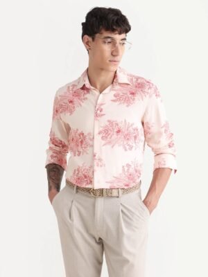 Rare Rabbit Men's Grim-25 Peach Viscose Floral Print Regular Fit Full Sleeve Collared Shirt