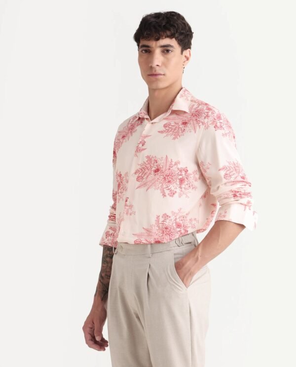 Rare Rabbit Men's Grim-25 Peach Viscose Floral Print Regular Fit Full Sleeve Collared Shirt