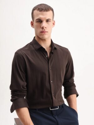 Rare Rabbit Men's Vert-Ls-25 Brown Cotton Plain Regular Fit Full Sleeve Collared Shirt
