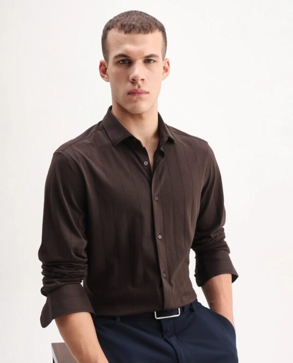 Rare Rabbit Men's Vert-Ls-25 Brown Cotton Plain Regular Fit Full Sleeve Collared Shirt