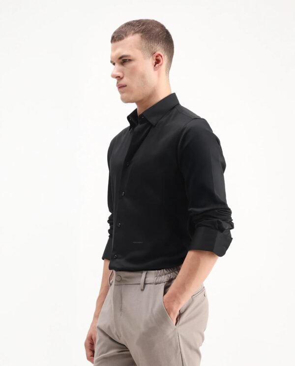 Rare Rabbit Men's Como-26 Black Satin Plain Regular Fit Full Sleeve Collared Shirt