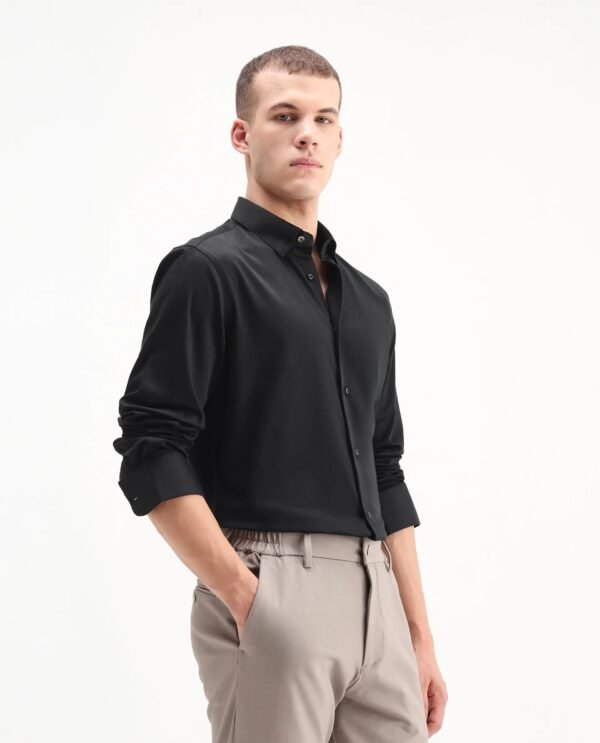 Rare Rabbit Men's Como-26 Black Satin Plain Regular Fit Full Sleeve Collared Shirt