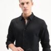 Rare Rabbit Men's Como-26 Black Satin Plain Regular Fit Full Sleeve Collared Shirt