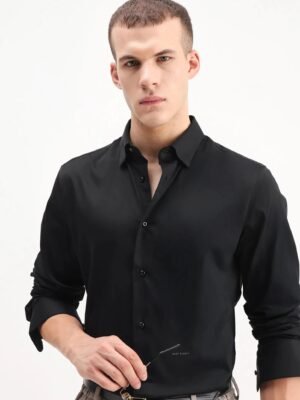 Rare Rabbit Men's Como-26 Black Satin Plain Regular Fit Full Sleeve Collared Shirt